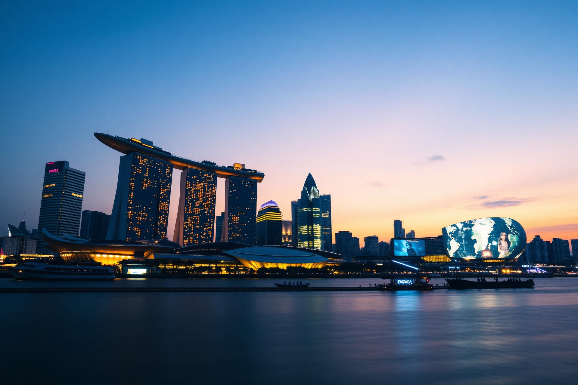 Singapore skyline at dusk with digital billboards